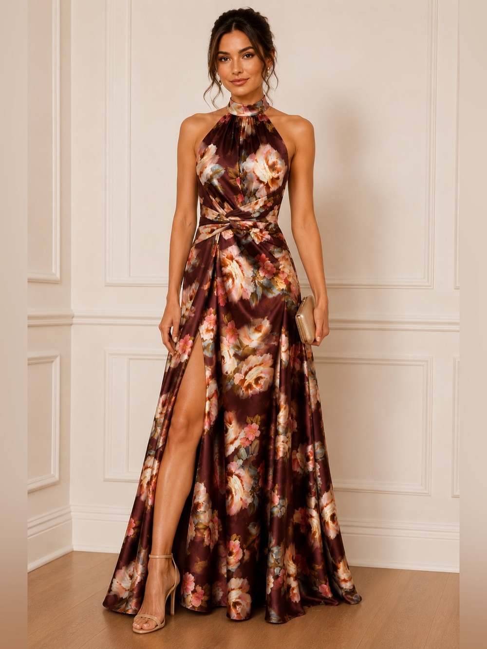 Adrianna Papell Floral Satin Twist Waist Halter Gown Brown Multi NWT